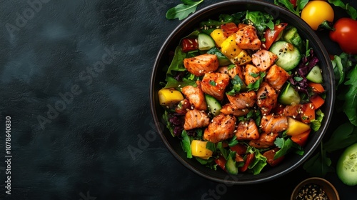 A beautifully arranged salmon and vegetable salad viewed from above, featuring vibrant colors and textures, perfect for a healthy and attractive dining experience.