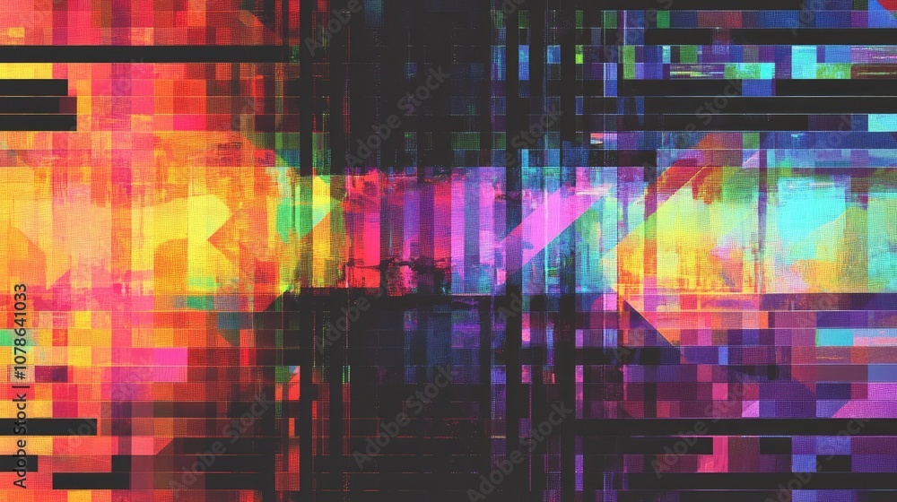 A vibrant abstract digital artwork with a glitch effect, featuring a mix of colors and geometric shapes. A vibrant abstract digital artwork with a glitch effect, featuring a mix of colors and geometric shapes.