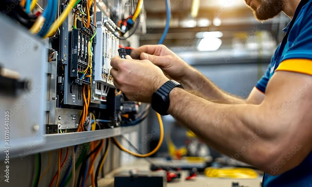 A technician works on a control panel, connecting wires and components in an industrial setting, showcasing electrical and automation systems. A technician works on a control panel, connecting wires and components in an industrial setting, showcasing electrical and automation systems.