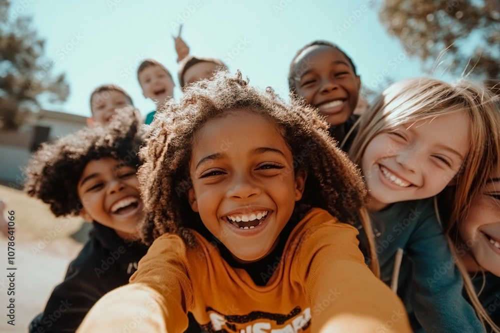 Obraz premium A group of happy children smiling and looking at the camera, standing outdoors