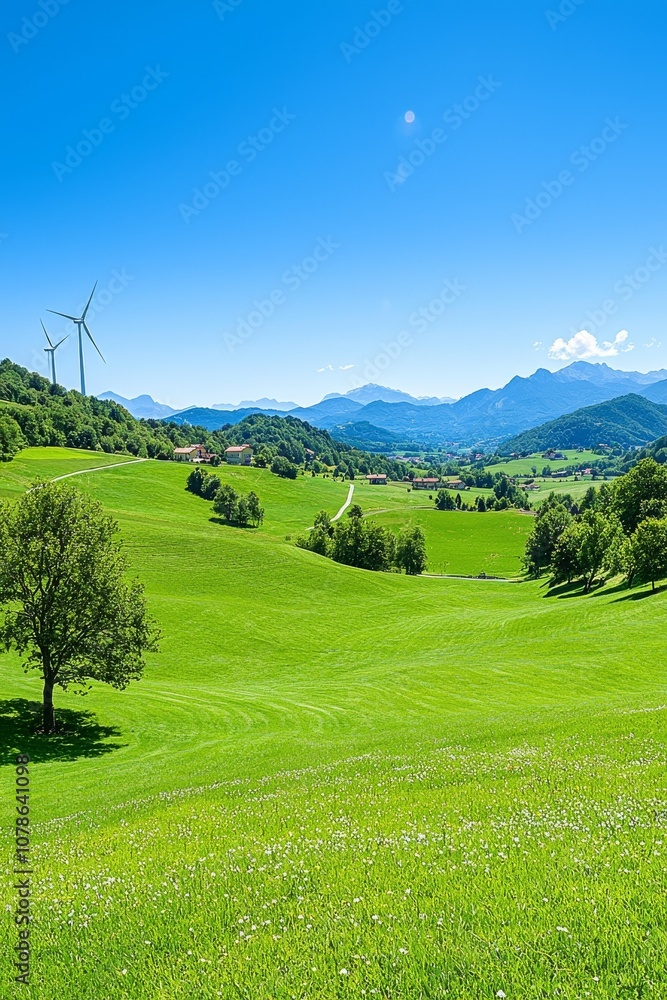 With a rolling hill and a clear blue sky, wind turbines emphasize sustainable energy sources with informative captions against an open background With a rolling hill and a clear blue sky, wind turbines emphasize sustainable energy sources with informative captions against an open background
