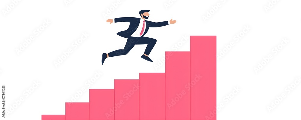 Flat Style Illustration of a Businessman Progressing Upward on a Graph, Symbolizing Success and Growth in a Modern Digital Environment Flat Style Illustration of a Businessman Progressing Upward on a Graph, Symbolizing Success and Growth in a Modern Digital Environment