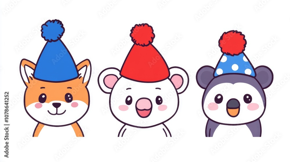 Cute Cartoon Animals with Colorful Hats Cute Cartoon Animals with Colorful Hats