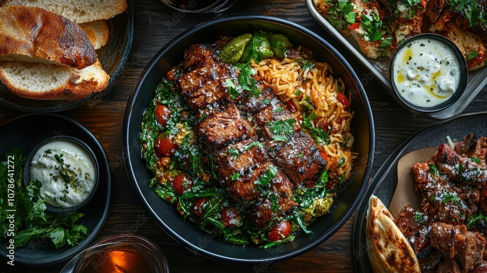 A savory grilled steak served on a bed of fresh mixed greens with cherry tomatoes and a side of seasoned rice, offering a balanced and delicious meal option. A savory grilled steak served on a bed of fresh mixed greens with cherry tomatoes and a side of seasoned rice, offering a balanced and delicious meal option.