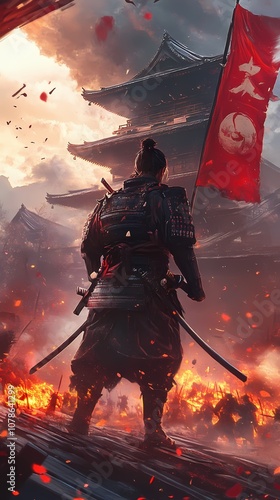 Samurai Warrior Amidst Flames photo