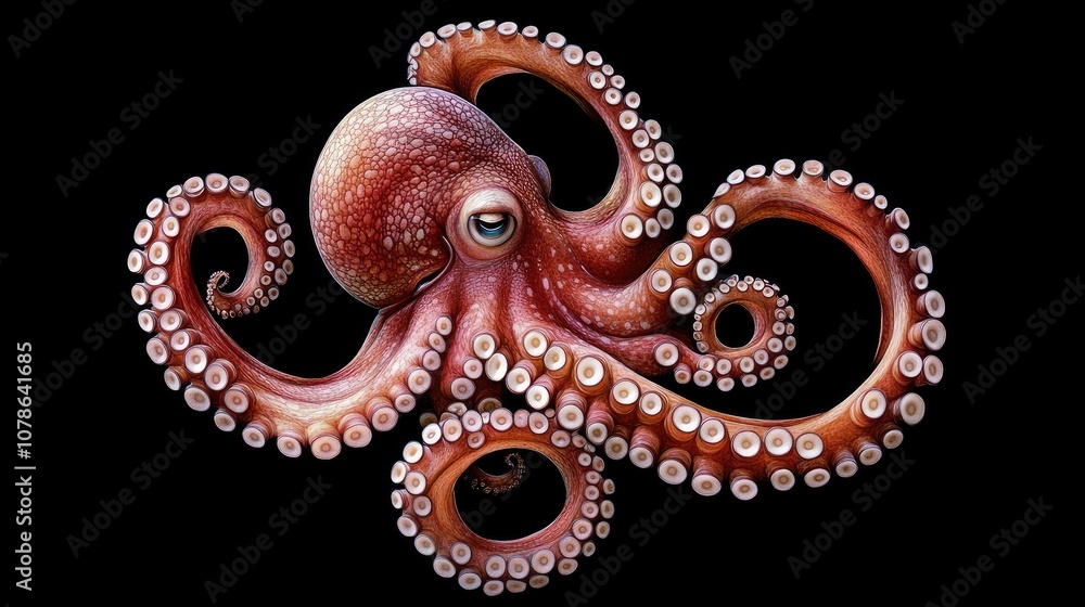 Obraz premium A close-up of a vibrant octopus with its tentacles curled in a mesmerizing pattern against a black background.