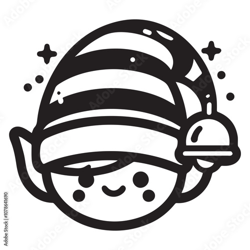 Whimsical Jester Hat Icon: A Festive Touch for Your Designs. This black and white vector illustration features a stylized jester's hat with bold stripes, a curled point, and a dangling bell.