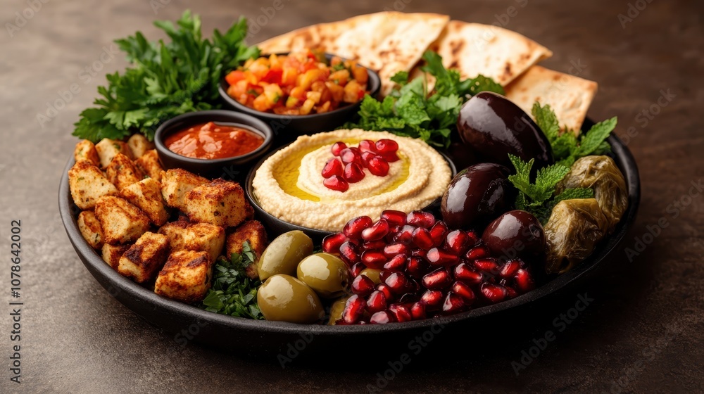 A colorful Mediterranean platter featuring hummus topped with pomegranate seeds, surrounded by fresh olives, grilled pita, and an assortment of vegetables and herbs. A colorful Mediterranean platter featuring hummus topped with pomegranate seeds, surrounded by fresh olives, grilled pita, and an assortment of vegetables and herbs.