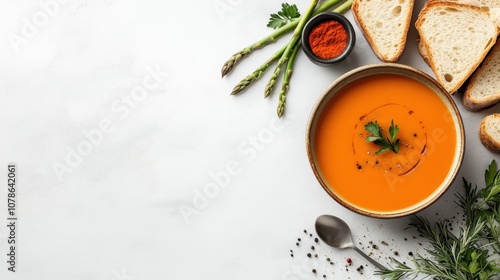 A vibrant tomato soup elegantly served with sprigs of herbs and slices of crusty bread, accompanied by spices, on a modern white surface. photo