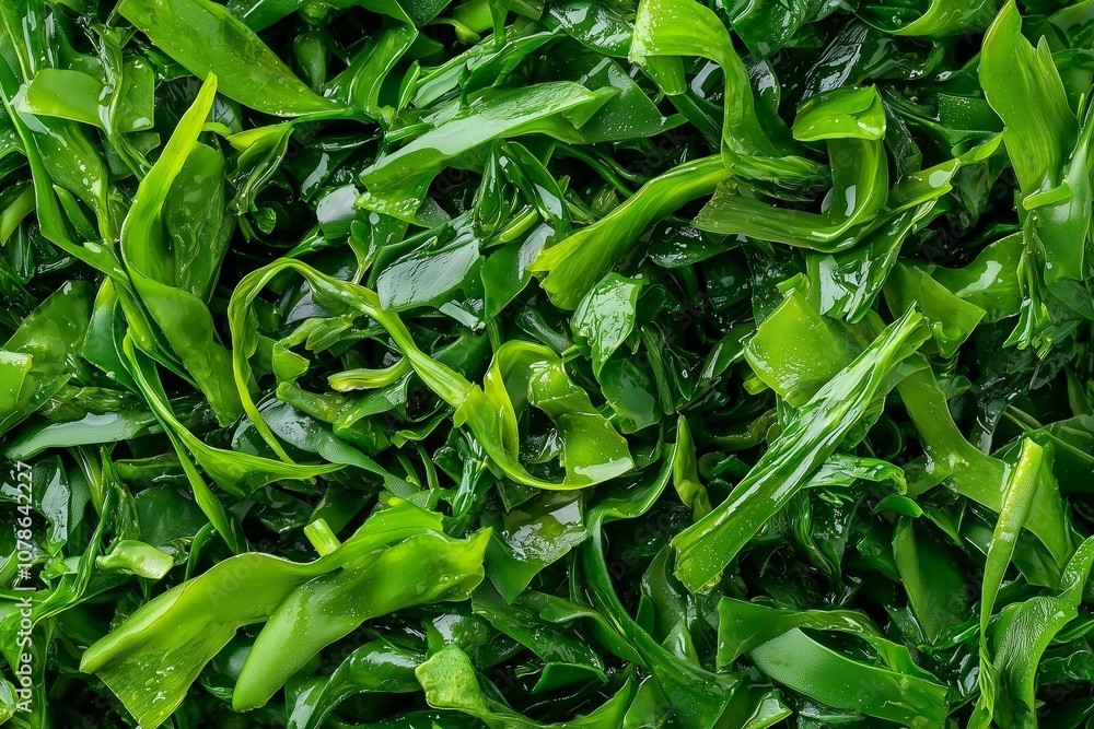 Fresh Seaweed Salad in a Vibrant Green Pile, Highlighting Shiny, Delicate Textures and Moist Surface Details. Ideal for Healthy Recipe Content, Japanese Cuisine Themes, or Vegan Food Blogs Fresh Seaweed Salad in a Vibrant Green Pile, Highlighting Shiny, Delicate Textures and Moist Surface Details. Ideal for Healthy Recipe Content, Japanese Cuisine Themes, or Vegan Food Blogs