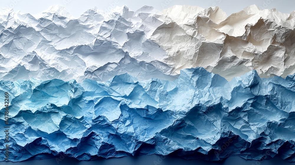 A textured paper representation of mountains and water in blue and white hues. A textured paper representation of mountains and water in blue and white hues.