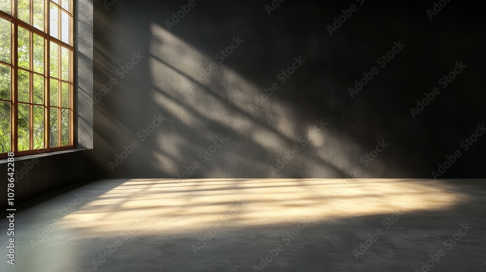 A beautifully lit, empty room with large windows creating captivating shadow effects, providing a sense of openness and tranquility to the space. A beautifully lit, empty room with large windows creating captivating shadow effects, providing a sense of openness and tranquility to the space.