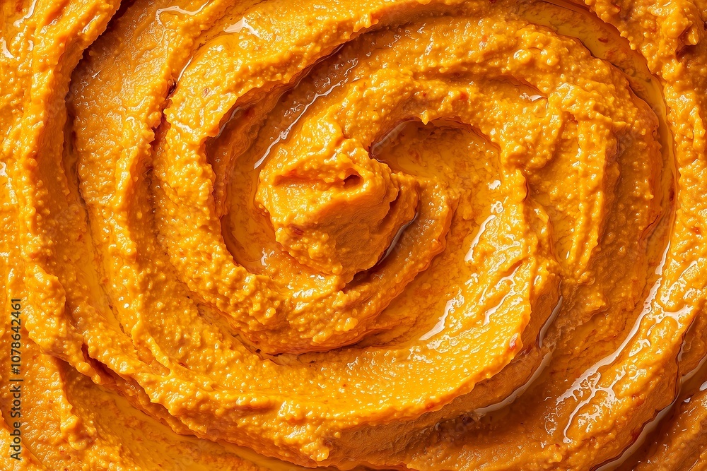 Fototapeta premium Rich and Creamy Saffron Hummus Close-Up, Featuring Smooth Texture and Bright Saffron Color. Great for Food Photography, Recipe Showcases, or Restaurant Advertising.