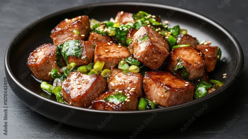 Close-up of succulent beef cubes, seasoned and garnished with sesame seeds, served with leafy green vegetables on a black plate for a mouthwatering gourmet meal. Close-up of succulent beef cubes, seasoned and garnished with sesame seeds, served with leafy green vegetables on a black plate for a mouthwatering gourmet meal.