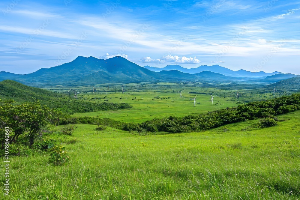 ECO power concept. Wind turbine positioned along the hillside with wind blowing constantly. Clean energy as well. ECO power concept. Wind turbine positioned along the hillside with wind blowing constantly. Clean energy as well.