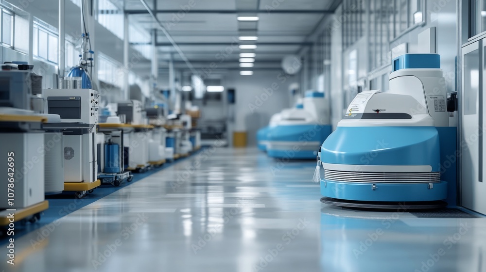 Modern Industrial Factory Interior with Advanced Robotics and Automated Machinery in a Clean and Efficient Production Environment Modern Industrial Factory Interior with Advanced Robotics and Automated Machinery in a Clean and Efficient Production Environment