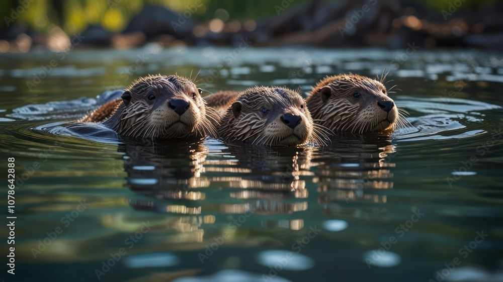 Three otters swimming in a calm lake, looking at the camera. Three otters swimming in a calm lake, looking at the camera.