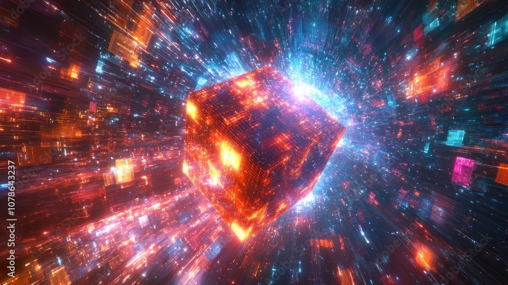 Fototapeta premium A glowing cube with digital particles radiating outward.