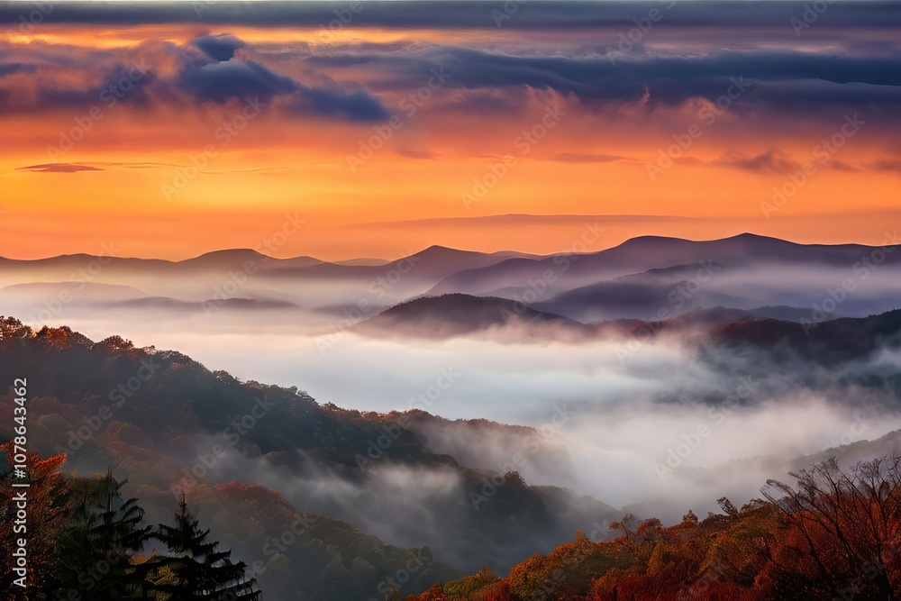 Fototapeta premium foggy mornings in the smoky mountains a thick layer of fog hangs