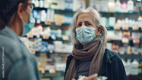 Elderly woman in a face mask seeking medication, with a pharmacist providing assistance and medical advice during the pandemic