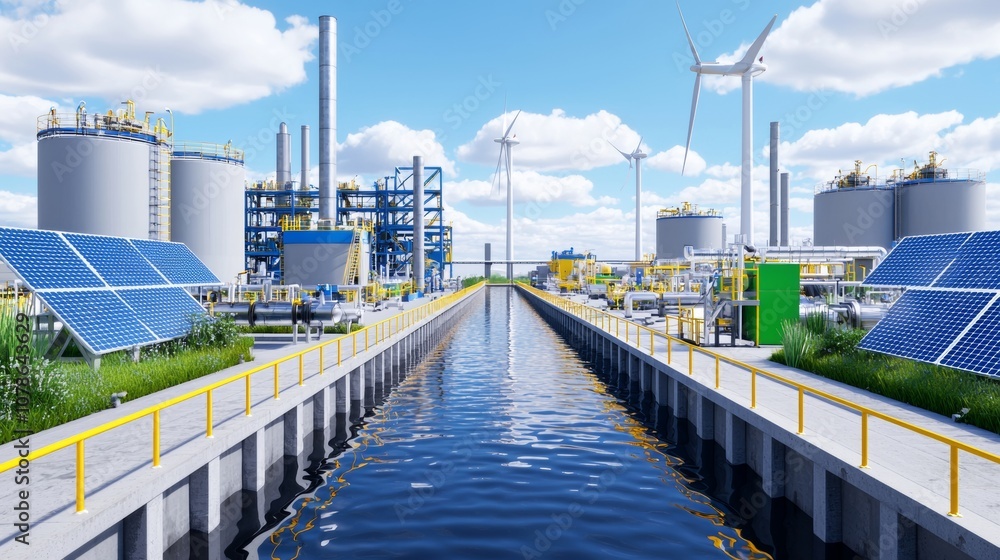 A solar panel, wind turbine, and sustainable infrastructure power plant that will be integrated with a financial institution A solar panel, wind turbine, and sustainable infrastructure power plant that will be integrated with a financial institution