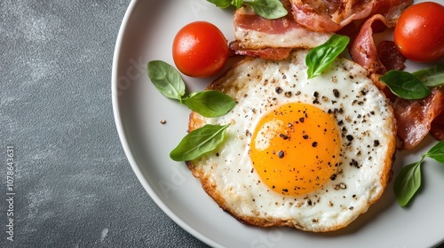 A perfectly fried sunny-side-up egg with crispy bacon slices, ripe cherry tomatoes, and fresh basil leaves on a ceramic plate for a classic breakfast delight.