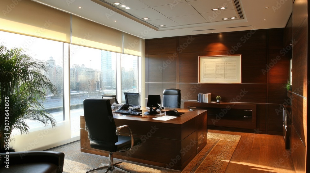 Fototapeta premium A modern office with a large desk and window views, perfect for a successful entrepreneur.