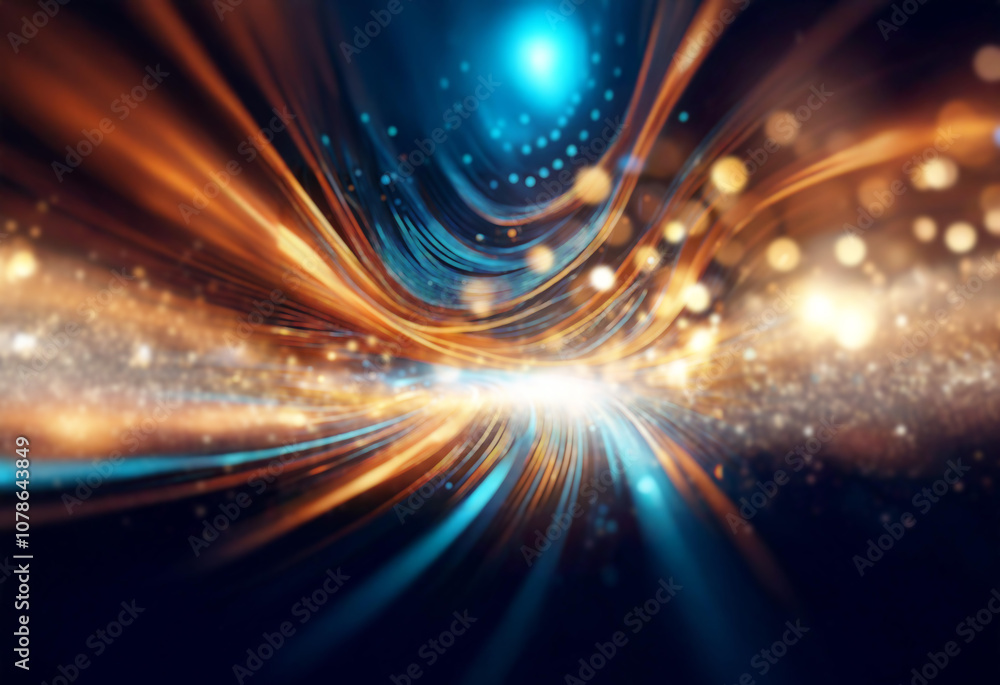 Abstract image featuring bright glowing lines, streaks, and orbs in shades of blue and orange set against a dark background. Abstract image featuring bright glowing lines, streaks, and orbs in shades of blue and orange set against a dark background.