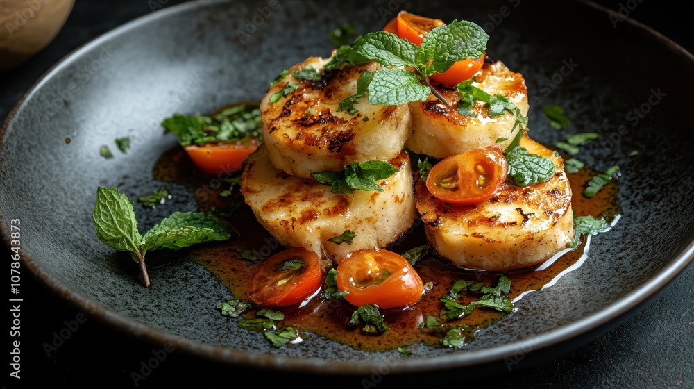 A plate of beautifully seared scallops accompanied by juicy cherry tomatoes and fragrant mint leaves, creating a refreshing culinary presentation. A plate of beautifully seared scallops accompanied by juicy cherry tomatoes and fragrant mint leaves, creating a refreshing culinary presentation.