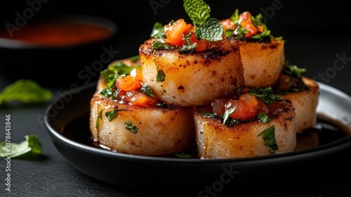 A close-up of perfectly seared scallops, garnished with fresh tomatoes and herbs, showcasing a savory culinary delight on a dark elegant plate. photo