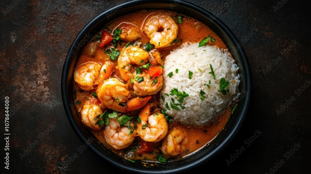 A spicy prawn dish swimming in a rich tomato sauce, garnished with cilantro, and served alongside fragrant white rice in a contemporary black bowl. A spicy prawn dish swimming in a rich tomato sauce, garnished with cilantro, and served alongside fragrant white rice in a contemporary black bowl.
