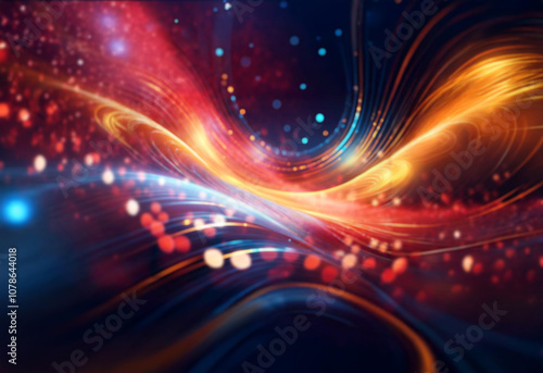 Abstract glowing lines of blue and orange swirl on a dark background with blurred bokeh lights.