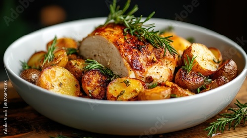 A beautifully roasted chicken, golden and succulent, sits surrounded by crispy herbs and savory sliced potatoes, served in a modern deep white bowl.