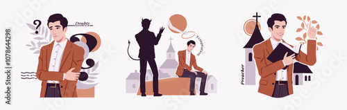 Religious doubt, holy preacher, sacred temptation, church service, devil and Christianity idea modern design for art magazine, blog, graphic advertisement, digital social media illustration set