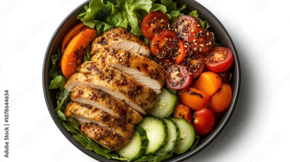 A delightful bowl of salad with grilled chicken, juicy tomatoes, cucumbers, and vibrant greens, perfect for those seeking flavor, health, and unique dining. A delightful bowl of salad with grilled chicken, juicy tomatoes, cucumbers, and vibrant greens, perfect for those seeking flavor, health, and unique dining.