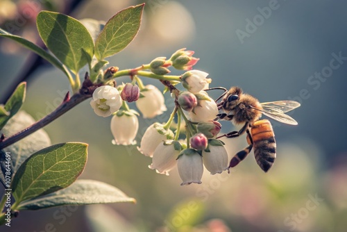 Vintage Style Photography of a Honey Bee Pollinating Blueberry Flowers in a Sunlit Garden, Showcasing Nature's Beauty and the Importance of Pollinators for Fruit Production