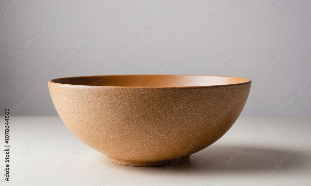 A tan ceramic bowl sits on a white surface in front of a light gray background A tan ceramic bowl sits on a white surface in front of a light gray background