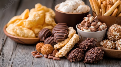 A diverse mix of sweet snacks and savory items on a wooden table, showcasing chips, chocolates, and crispy delights for an enticing culinary experience. photo