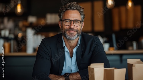 A smiling man in a modern cafe with warm lighting, reflecting a welcoming and friendly atmosphere, ideal for enjoying coffee and meaningful conversations.