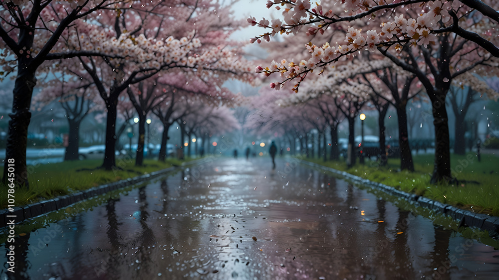 Pink cherry blossom in spring, on rainy day Pink cherry blossom in spring, on rainy day