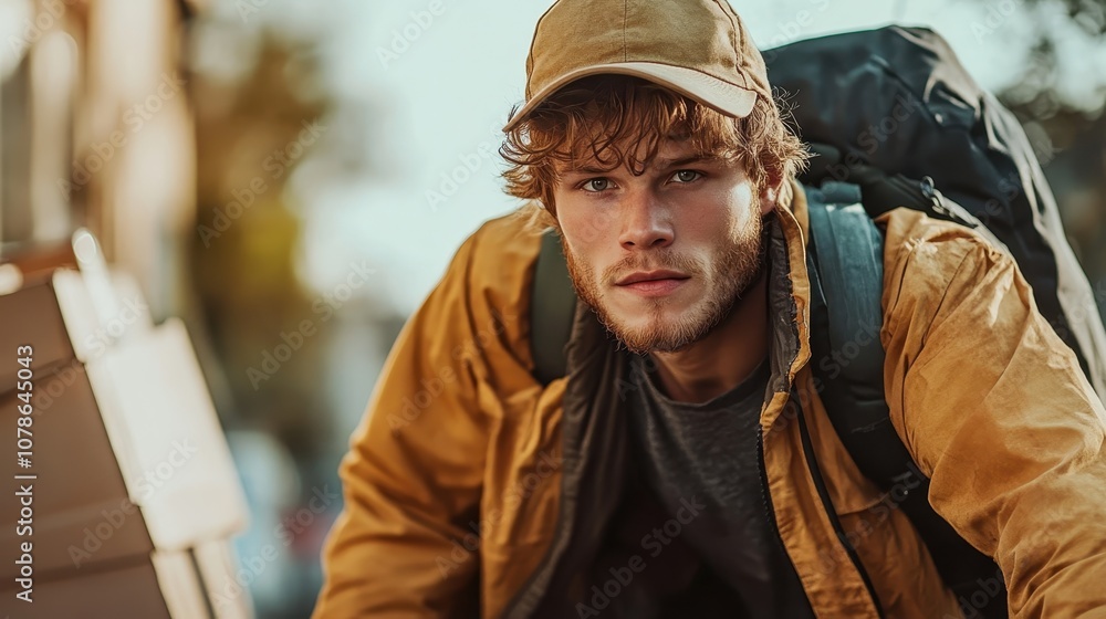 A focused man wearing a cap and backpack rides a bicycle in a bustling city setting, signifying determination, purpose, and modern urban commuting. A focused man wearing a cap and backpack rides a bicycle in a bustling city setting, signifying determination, purpose, and modern urban commuting.