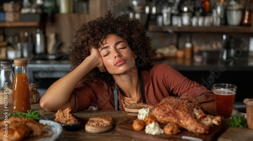 A content woman with eyes closed, enjoying her meal at a rustic wooden table filled with roasted chicken and side dishes, conveying warmth and satisfaction. photo