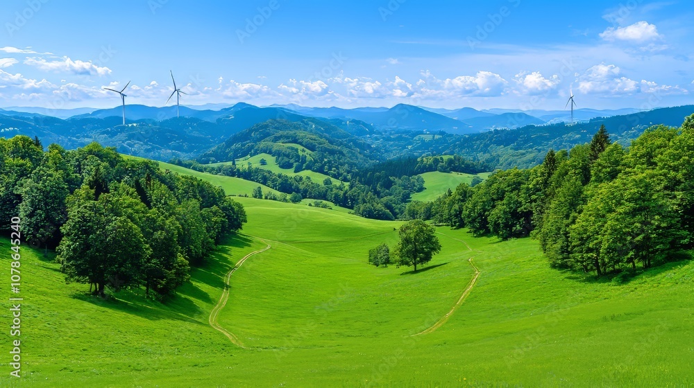 The green rural landscape of Werbach, Germany with wind turbines at the horizon. Renewable green energy. The green rural landscape of Werbach, Germany with wind turbines at the horizon. Renewable green energy.