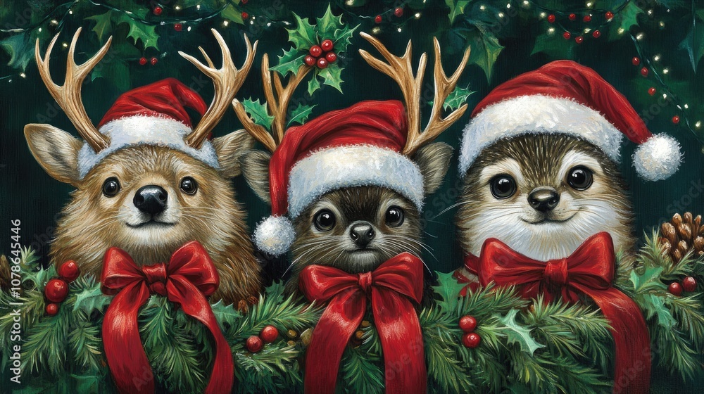 Adorable Trio of Animals with Santa Hats and Antlers Adorable Trio of Animals with Santa Hats and Antlers