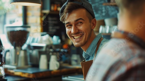 Cheerful male barista chatting with a coworker before starting their shift at a café