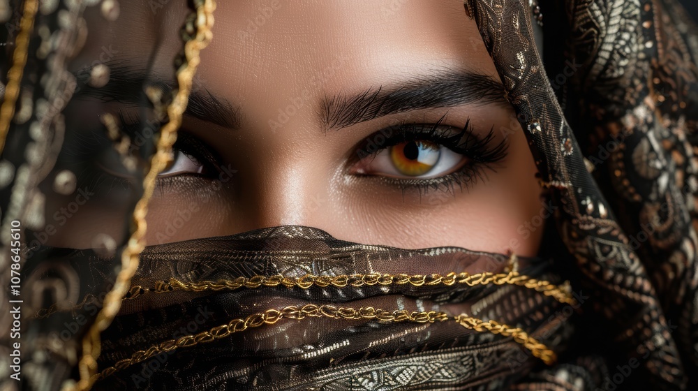 Muslim woman in a burka showcasing cultural pride and empowerment against a studio backdrop, highlighting beauty and traditional attire with hijab and jewelry Muslim woman in a burka showcasing cultural pride and empowerment against a studio backdrop, highlighting beauty and traditional attire with hijab and jewelry