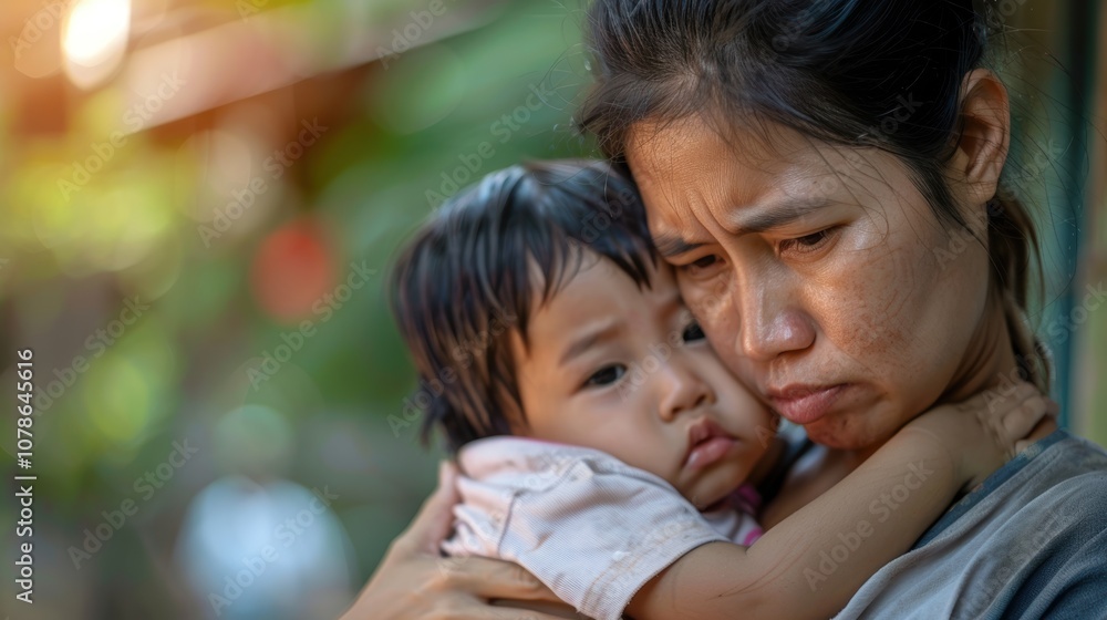 Emotional scene of a mother comforting her distressed son outdoors, providing care and support during a difficult time of grief or pain Emotional scene of a mother comforting her distressed son outdoors, providing care and support during a difficult time of grief or pain