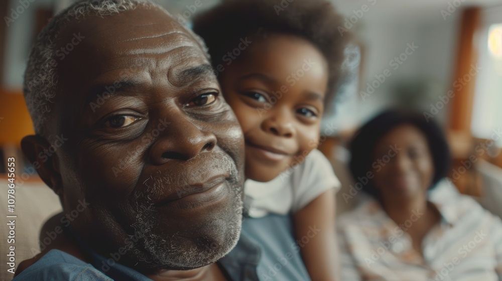 Family portrait featuring joyful faces of a father, child, and grandmother relaxing together on a sofa in their living room, capturing moments of love and togetherness Family portrait featuring joyful faces of a father, child, and grandmother relaxing together on a sofa in their living room, capturing moments of love and togetherness