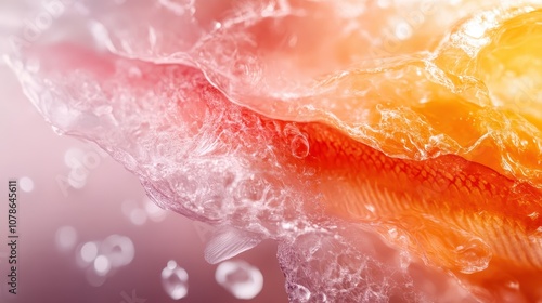 A vibrant close-up of a fish surrounded by dynamic water bubbles, showcasing rich textures and hues. The image captures motion and contrast vividly.