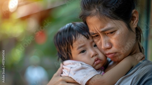 Emotional scene of a mother comforting her distressed son outdoors, providing care and support during a difficult time of grief or pain